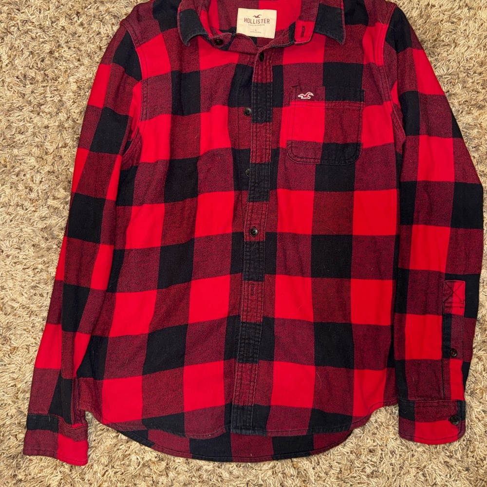 Hollister Red and Black Plaid Casual Button Down Shirt